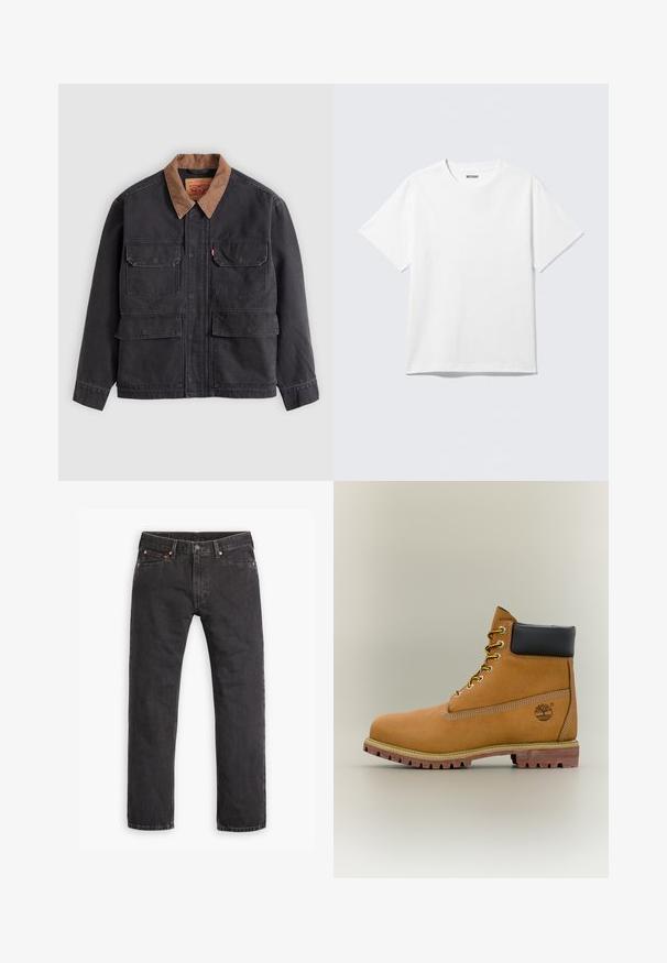 Veste de travail gris foncé avec quatre poches à rabat à l'avant et un col marron contrasté sur fond gris clair.; T-shirt blanc à manches courtes et col rond, étalé à plat, design uni, avec l'étiquette "WEEKDAY" à l'intérieur du col sur un fond clair.; Jeans en denim noirs à jambes droites avec cinq poches, fermeture à bouton et rivets cuivrés, posés à plat sur un fond blanc.; Bottine en cuir marron avec col noir, lacets jaunes et semelle beige. Présente un logo et des détails de couture blanche. Semelle extérieure à traction robuste.