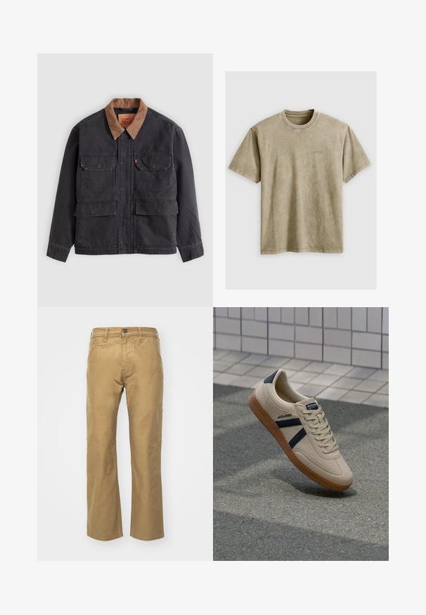 Dunkelgraue Arbeitsjacke mit vier vorderen Klappentaschen und einem kontrastierenden braunen Kragen vor hellem grauem Hintergrund.; Helles braunes T-Shirt mit kurzen Ärmeln und Rundhalsausschnitt, aus weichem Stoff gefertigt. Verfügt über ein kleines, gesticktes Logo auf der Brust.; Khakihosen aus Baumwolle. Gerader Schnitt mit einem Bund und Fronttaschen. Verfügt über eine einzelne Gesäßtasche und subtile Nähdetails.; Beige Sneaker mit strukturierter Oberfläche, dunkelblauen Streifen und Gummisohle. Verfügt über eine gepolsterte Zunge und ein traditionelles Schnürsystem für einen sicheren Sitz.