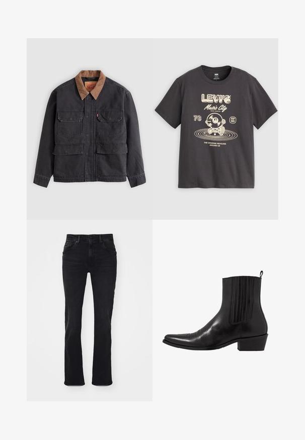 Dunkelgraue Arbeitsjacke mit vier vorderen Klappentaschen und einem kontrastierenden braunen Kragen vor hellem grauem Hintergrund.; Dunkelgraues Levi's T-Shirt mit beige farbiger Grafik einer laufenden Vinyl-Schallplatte, Text "Music City," "73," und "The universe revolves around us."; Schwarze Jeans mit geradem Schnitt, die im klassischen Fünf-Taschen-Stil gestaltet sind und dezente Stickdetails an den Taschen aufweisen.; Schwarze Leder- ankle boot mit spitzem Zehenbereich, elastischen Seitenpaneelen, vertikalen Steppnähten und einem niedrigen Blockabsatz.