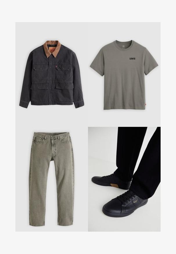 Veste de travail gris foncé avec quatre poches à rabat à l'avant et un col marron contrasté sur fond gris clair.; T-shirt vert Levi's à manches courtes et col rond, avec un logo noir sur la poitrine gauche et une petite étiquette rouge sur la couture latérale gauche.; Jean denim gris coupe droite avec poches avant et arrière, passants pour ceinture et fermeture à bouton, étalé à plat sur un fond blanc.; Baskets en cuir noir au design épuré, dotées d'une surface texturée, d'un bout rond et de lacets noirs. Détail du logo doré sur le côté.