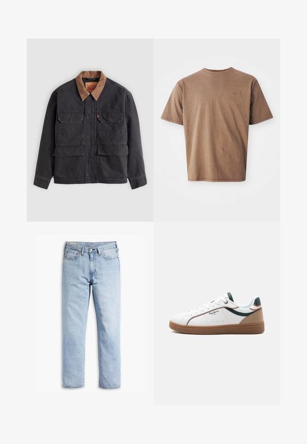 Donkergrijs werkjack met vier voorflapzakken en een contrasterende bruine kraag tegen een lichtgrijze achtergrond.; Bruine katoenen t-shirt met ronde hals, korte mouwen en een discreet geborduurd logo op de linkerborst. Soepele structuur, relaxte pasvorm.; Lichtblauwe denim jeans met een rechte pijpdesign, vijfzakkenstijl en stevige stiksel-details. Voorzien van een rits en metalen knop.; Witte lage sneaker met een bruine zool, groene en beige accenten, witte veters en het "Pepe Jeans London"-logo aan de zijkant.