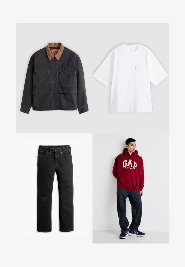 Dunkelgraue Arbeitsjacke mit vier vorderen Klappentaschen und einem kontrastierenden braunen Kragen vor hellem grauem Hintergrund.; Weißes Baumwoll-T-Shirt mit kurzen Ärmeln, rundem Ausschnitt und Brusttasche auf der linken Seite. Mit kleinem rotem Logotag an der Tasche.; Schwarze Jeans im geraden Schnitt mit fünf Taschen, Gürtelschlaufen und einem Knopfverschluss an der Taille, flach auf einem weißen Hintergrund ausgelegt.; Bordeauxfarbener Kapuzenpullover mit "GAP" und "TIMES SQUARE" in Creme aufgedruckt, kombiniert mit navyblauen gestreiften Hosen und navyblauen Sneakern mit weißen Akzenten.