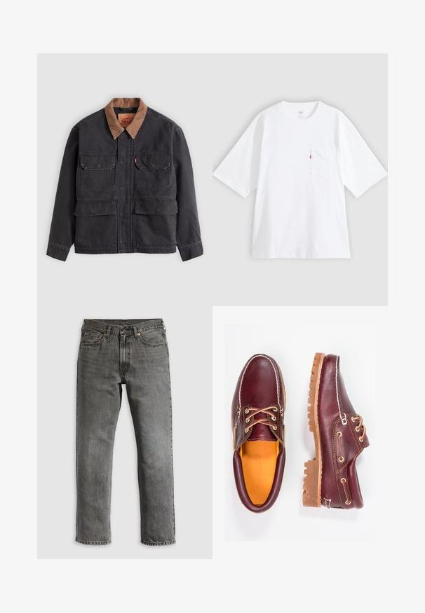 Dunkelgraue Arbeitsjacke mit vier vorderen Klappentaschen und einem kontrastierenden braunen Kragen vor hellem grauem Hintergrund.; Weißes Baumwoll-T-Shirt mit kurzen Ärmeln, rundem Ausschnitt und Brusttasche auf der linken Seite. Mit kleinem rotem Logotag an der Tasche.; Graue Jeans aus Denim mit geradem Bein, ausgestattet mit fünf Taschen, kupfernen Nieten und sichtbaren Nähten. Klassisches Design mit Reißverschluss.; Bordeauxfarbene Lederschuhe mit braunen Gummisohlen, runder Zehenform, weißen Nähten und goldenen Ösen. Das Innenfutter weist eine gelbe Beschichtung auf.