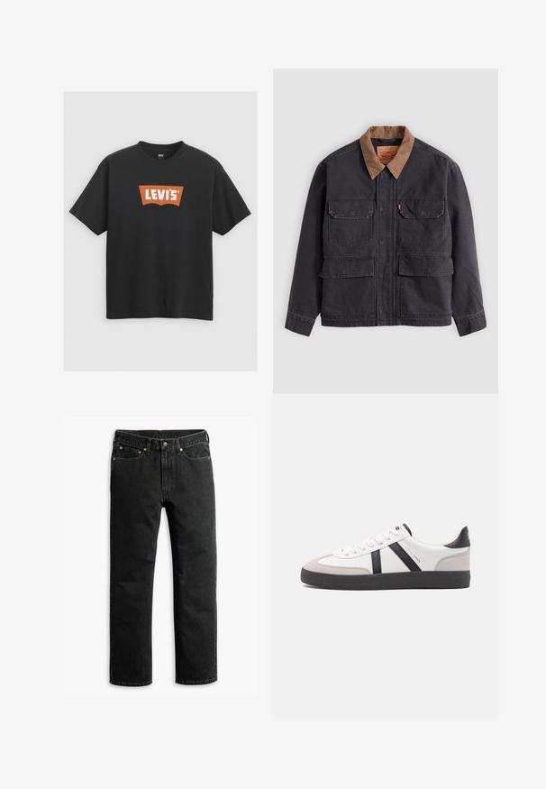 Chaqueta de trabajo gris oscuro con cuatro bolsillos delanteros con solapa y un cuello marrón a contraste sobre un fondo gris claro.; Camiseta de algodón negra con un gran logo naranja de Levi's en la parte delantera, mangas cortas y diseño de cuello redondo.; Jeans de mezclilla negros de pierna recta con cinco bolsillos, trabillas para cinturón y un cierre de botón en la cintura, dispuestas en una superficie plana sobre un fondo blanco.; Zapatilla blanca con acentos en negro y gris, que presenta una puntera texturizada en gris, suela de goma negra y cordones planos blancos. Diseño limpio, estilo minimalista.