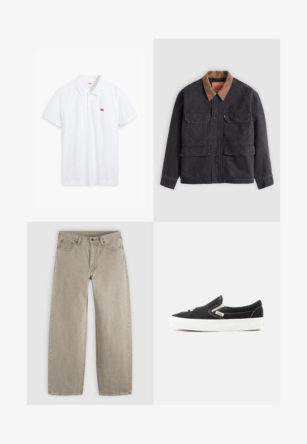 Dunkelgraue Arbeitsjacke mit vier vorderen Klappentaschen und einem kontrastierenden braunen Kragen vor hellem grauem Hintergrund.; Weißes Poloshirt aus Baumwolle. Verfügt über eine Knopfleiste mit drei Knöpfen, kurze Ärmel und ein kleines rotes Levi's-Logo auf der linken Brust.; Beige Jeans mit geradem Bein aus Denim, mit Vordertaschen, Gürtelschlaufen, Knopfverschluss und sichtbaren Nähten auf einem einfarbigen hellen Hintergrund.; Schwarzer Vans Slip-On-Sneaker mit weißer Gummisohle, weißen Nähten und elastischen Seiteneinsätzen, Ansicht von der Außenseite.