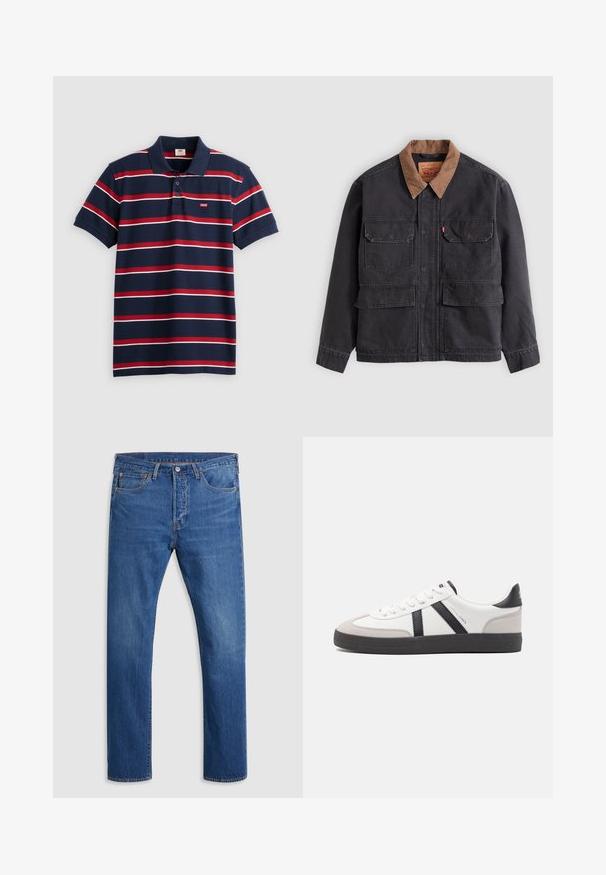 Mørkegrå arbejdsjakke med fire forlommer med klapper og en kontrasterende brun krave mod en lysegrå baggrund.; Marineblå polo-shirt med røde og hvide vandrette striber, tre-knaps placket og lille Levi's logo på brystet. Blødt bomuldsstof.; Blå lige jeans med frontknap og lynlås, fem lommer, og let falmning på lårene, vist fladt på en lys baggrund.; Hvide sneakers med sorte og grå detaljer, med en tekstureret grå tåhætte, sort gummisål og flade hvide snørebånd. Rent design, minimalistisk stil.