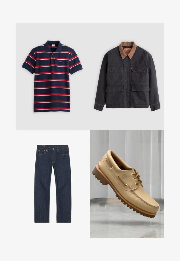 Dunkelgraue Arbeitsjacke mit vier vorderen Klappentaschen und einem kontrastierenden braunen Kragen vor hellem grauem Hintergrund.; Navyblaues Poloshirt mit rot-weißen horizontalen Streifen, drei Knöpfen am Kragen und kleinem Levi's-Logo auf der Brust. Aus weichem Baumwollmaterial.; Dunkelblaue Jeans aus Denim mit geradem Schnitt, versehen mit Kupferrivets, gelben Nähten und frontalen Taschen. Glatte Textur mit minimalen Designdetails.; Hellbraune Lederbootsschuhe mit dickem, geripptem Profil und Schnürdetails, schwebend über einem Marmorboden und einem Hintergrund aus weißen vertikalen Jalousien.