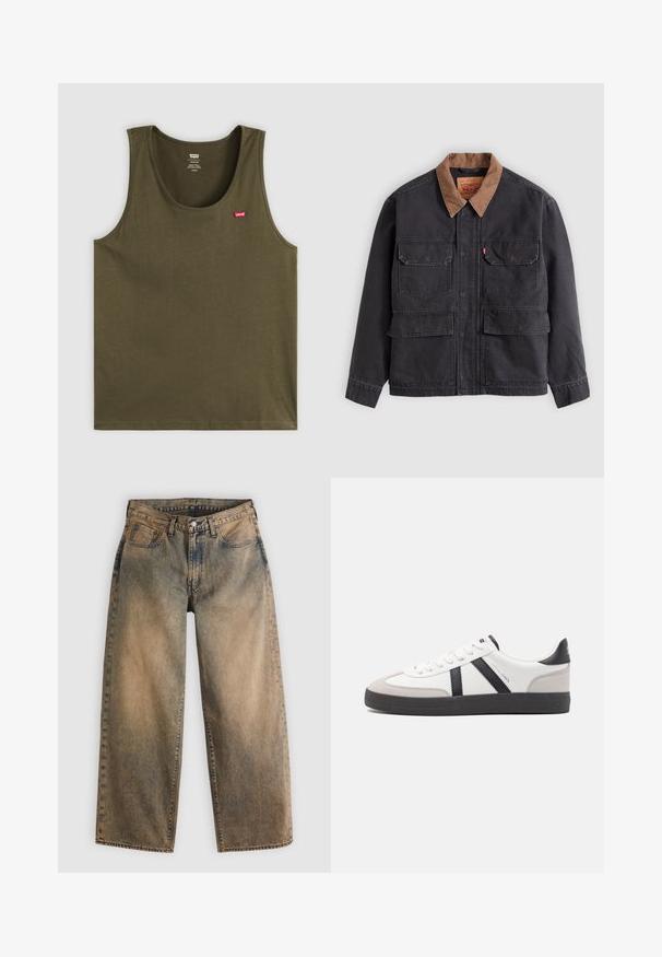 Tumehall tööjope nelja eesmise kaarega taskuga ja kontrastse pruuni kraega heleda halli taustal.; Oliivroheline tank top pehmest kangast, millel on ümar kaelus ja väike punane logo vasakul ülal. Lihtne disain, ilma mustrite või aktsentideta.; Laiade lõikega teksapüksid tuhmunud pruunis toonis, kergelt pestud. Omavad traditsioonilist viie tasku disaini ja nähtavaid õmbluse detaile.; Valged tossud mustade ja hallide aktsentidega, tekstureeritud halli varbakattega, musta kummitald ja lamedad valged paelad. Puhtad jooned, minimalistlik stiil.