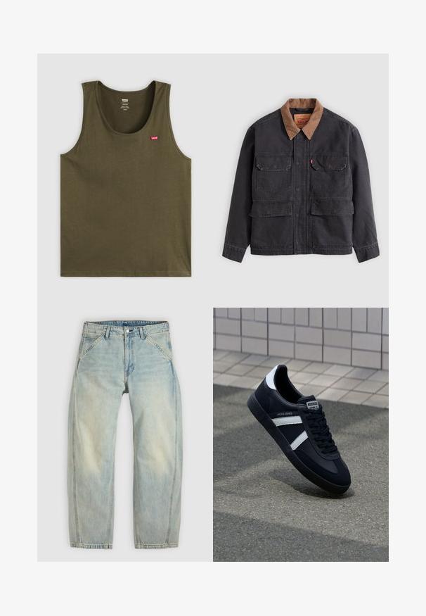 Chaqueta de trabajo gris oscuro con cuatro bolsillos delanteros con solapa y un cuello marrón a contraste sobre un fondo gris claro.; Camiseta sin mangas verde oliva hecha de tela suave, con cuello redondo y un pequeño logo rojo en la parte superior izquierda. Diseño simple, sin patrones ni acentos.; Vaqueros de pierna ancha en azul claro hechos de denim. Cuentan con cinco bolsillos, cierre de botón y zonas desgastadas para un aspecto envejecido.; Zapatilla de cuero negra con rayas blancas, suela de goma texturizada y parte frontal con cordones. Cuenta con una etiqueta de marca en la lengüeta.