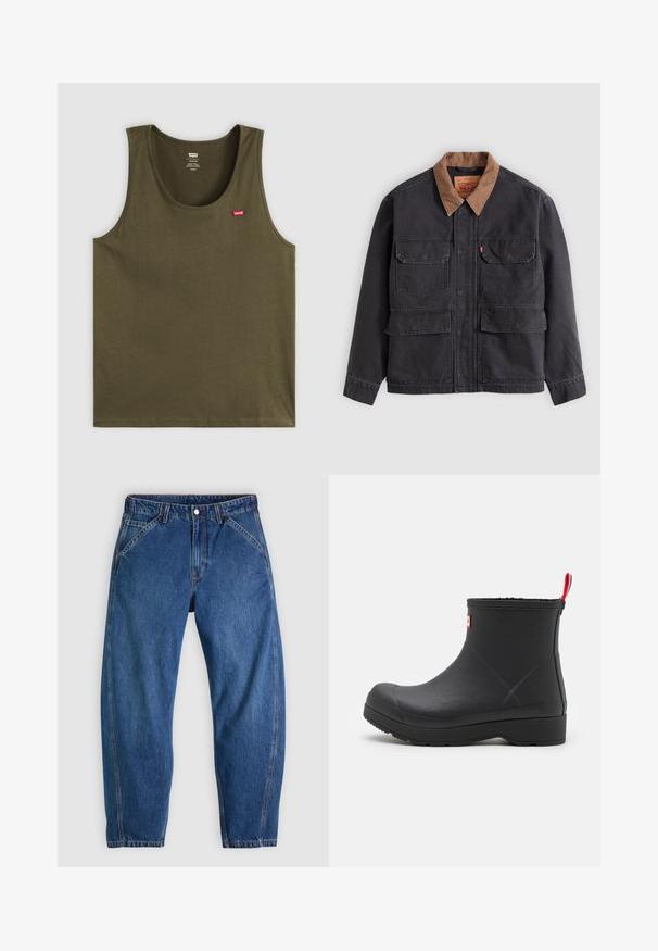 Dunkelgraue Arbeitsjacke mit vier vorderen Klappentaschen und einem kontrastierenden braunen Kragen vor hellem grauem Hintergrund.; Olivgrünes Tanktop aus weichem Stoff, mit rundem Halsausschnitt und einem kleinen roten Logo auf der oberen linken Seite. Einfaches Design, ohne Muster oder Akzente.; Blaue Denim-Jeans mit lockerer Passform, ausgestattet mit Knopfverschluss, fünf Taschen und kontrastierenden orangefarbenen Nähten. Durchgehend glatte Textur.; Schwarzer Gummistiefel bis zum Knöchel mit glatter Textur, runder Zehenpartie und einem roten Ziehschlaufen hinten. Verfügt über eine niedrige, robuste Sohle für Langlebigkeit.