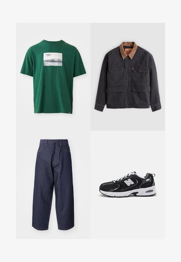 Mørkegrå arbejdsjakke med fire forlommer med klapper og en kontrasterende brun krave mod en lysegrå baggrund.; Grøn bomulds t-shirt med korte ærmer, der har et kvadratisk grafikprint af et sort-hvidt foto og logo på forsiden.; Mørkeblå denim jeans med en løs, bred ben-design. Funktioner inkluderer en knaplukning, frontlommer og synlige stikninger.; Sorte og grå sportssko med mesh og ruskind på overdelen, der har en hvid mellemsål, snørebånd og et iøjnefaldende "N" logo på siden.