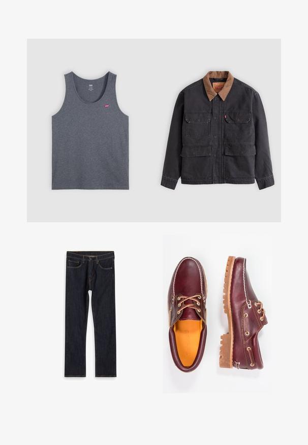 Donkergrijs werkjack met vier voorflapzakken en een contrasterende bruine kraag tegen een lichtgrijze achtergrond.; Grijze katoenen tanktop met een ronde hals, mouwloos ontwerp en een klein rood Levi's-logo op de linkerborst. Effen structuur.; Donkerblauwe recht gesneden denim jeans met voorkruiken, riemlussen en contrasterende oranje stiksels, plat gelegd op een witte achtergrond.; Bordeaux leren schoenen met bruine rubberen zolen, ronde neus, witte stiksels en gouden veterogen. Het interieur heeft een gele voering.