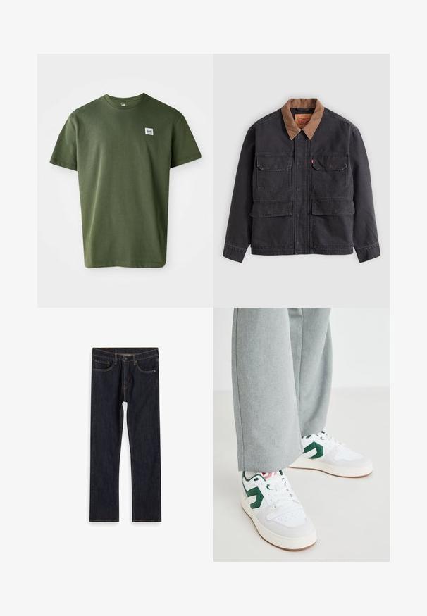Chaqueta de trabajo gris oscuro con cuatro bolsillos delanteros con solapa y un cuello marrón a contraste sobre un fondo gris claro.; Camiseta de algodón verde oliva con cuello redondo, mangas cortas y un pequeño parche de logo en el lado izquierdo del pecho. Textura suave, corte relajado.; Jeans de mezclilla rectos de color azul oscuro con bolsillos frontales, lazos para cinturón y costuras naranjas en contraste, dispuestos sobre un fondo blanco.; Zapatillas blancas y verdes con materiales de cuero liso y ante, que presentan un destacado acento de logo verde y cordones blancos. Pantalones grises parcialmente visibles.