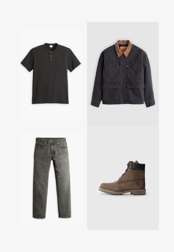 Dunkelgraue Arbeitsjacke mit vier vorderen Klappentaschen und einem kontrastierenden braunen Kragen vor hellem grauem Hintergrund.; Schwarzes Kurzarm-Polohemd aus Baumwolle, mit einer Knopfleiste mit drei Knöpfen und einem kleinen Logo auf der linken Brust.; Graue Jeans aus Denim mit geradem Bein, klassischem Fünf-Taschen-Design und dezenten Nähten an den Säumen und Taschen.; Braune Leder-Stiefelette mit schwarzem Kragen, Metallösen und robustem grauen Sohlen. Verfügt über ein Logo an der Seite und genähten Details.