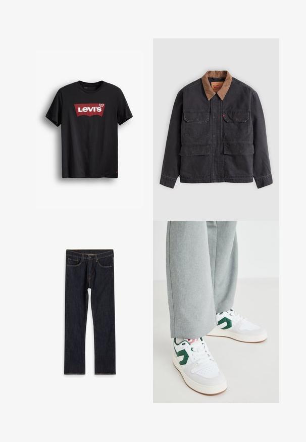 Dunkelgraue Arbeitsjacke mit vier vorderen Klappentaschen und einem kontrastierenden braunen Kragen vor hellem grauem Hintergrund.; Schwarzes Baumwoll-T-Shirt mit Rundhalsausschnitt. Mit einem großen roten Levi's-Logo auf weißem Hintergrund und einem kleinen roten Etikett an der unteren Seite.; Dunkelblaue, gerade geschnittene Jeans aus Denim mit Fronttaschen, Gürtelschlaufen und kontrastierendem orangefarbenem Nähen, flach auf weißem Hintergrund ausgelegt.; Weiße und grüne Sneakers aus glattem Leder und Wildleder, mit einem auffälligen grünen Logo-Akzent und weißen Schnürsenkeln. Graue Hosen sind teilweise sichtbar.
