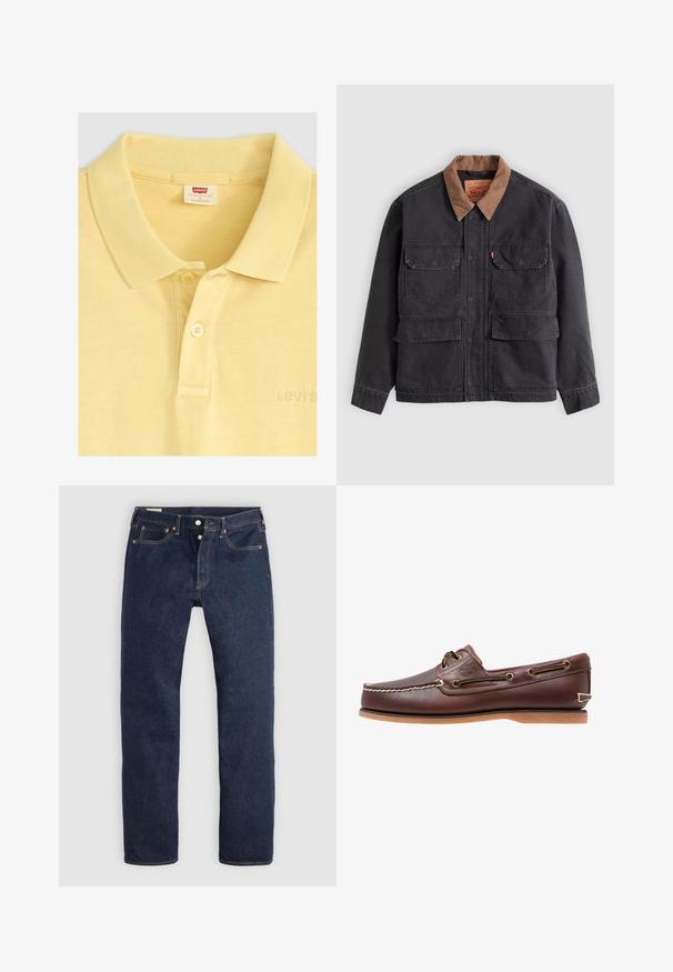 Chaqueta de trabajo gris oscuro con cuatro bolsillos delanteros con solapa y un cuello marrón a contraste sobre un fondo gris claro.; Levi's® Polo - acacius stripe egret; Vaqueros azul oscuro de pierna recta con bragueta de botones, bolsillos delanteros y traseros, y costuras de contraste, dispuestos planos sobre un fondo claro.; Zapato náutico de cuero marrón con costuras blancas, detalles de cordones y suela de goma color coñac, mostrado de lado sobre un fondo blanco.