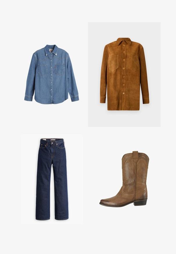 Chaqueta de camisa de ante marrón con cuello, mangas largas, cierre de botones y dos bolsillos en el pecho, con una textura suave.; Camisa de mezclilla azul clara con mangas largas, cuello puntiagudo, dos bolsillos en el pecho y costuras en contraste. Presenta un diseño de canesú de estilo occidental.; Vaqueros de mezclilla azul oscuro de pierna recta con cinco bolsillos, costuras naranjas y cierre de botón.; Bota de vaquero marrón de cuero hasta media pantorrilla con costuras decorativas, punta redonda, lengüeta en la parte superior y tacón bajo apilado.