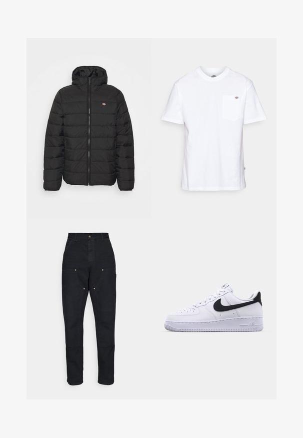 Chaqueta de plumón negra con cierre delantero y capucha, presenta un diseño acolchado y un pequeño logo en el pecho. Textura de tela suave.; Camiseta de algodón blanca con cuello redondo, mangas cortas y un bolsillo en el pecho que presenta un pequeño logotipo de la marca en el lado izquierdo.; Carhartt WIP DOUBLE KNEE PANT - Pantalones - black aged canvas; Zapatilla blanca de cuero con un Swoosh negro texturizado, cordones planos y una suela de goma con un patrón estriado. "AIR" está grabado en el talón.