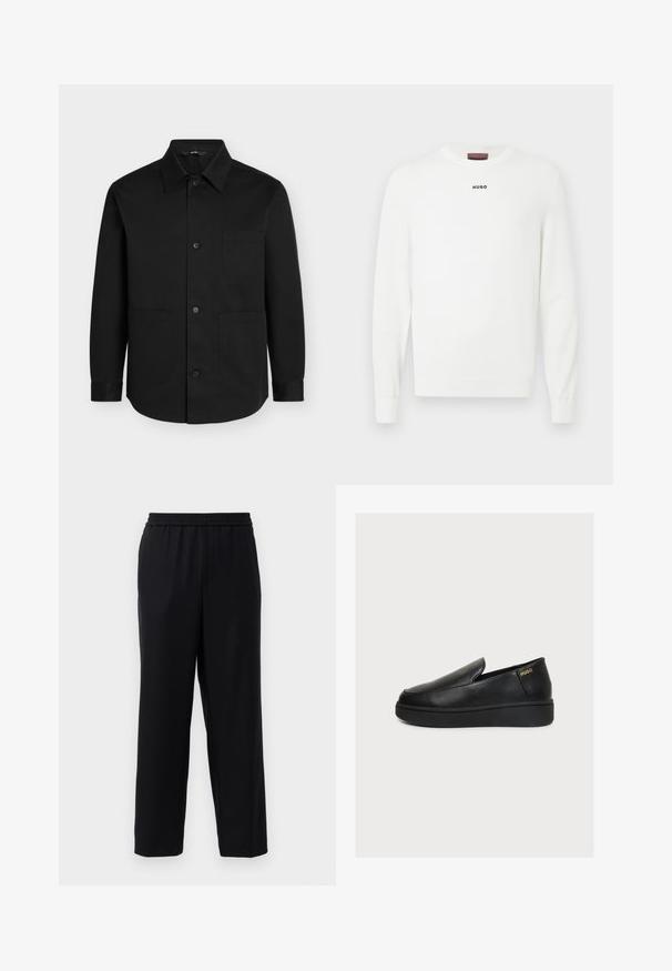 Sort skjorte med lange ærmer og knapper, spids krave og tre forlommer på ensfarvet baggrund.; Hvid strikket sweater med rund hals og lange ærmer. Lille sort "HUGO" logo placeret på brystet. Blød tekstur med ribstrikkede manchetter.; Sorte bukser med elastisk talje, lige ben-design og et glat, let stof. Ingen synlige lommer eller mønstre.; Sort læder slip-on platform sko med tyk sål og lille gyldent "HUGO" logo nær hælen på en ensfarvet lys baggrund.