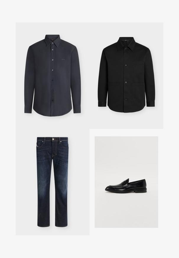 Chemise noire à manches longues boutonnée avec un col pointu et trois poches plaquées à l'avant sur un fond uni.; Chemise noire à manches longues boutonnée avec col, avec le logo « BOSS » sur la poitrine, présentée sur un fond clair uni.; Jean droit bleu foncé avec poches avant et coutures orange contrastantes sur un fond clair uni.; Mocassin en cuir noir avec une pointe arrondie, des coutures discrètes et une finition lisse. Doté d'un talon bas empilé et d'une sangle sur le cou-de-pied.