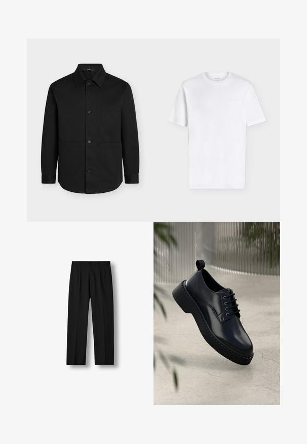 Zwart overhemd met lange mouwen, knopen, puntige kraag en drie voorzakken op een effen achtergrond.; Effen wit T-shirt met korte mouwen en ronde hals met een subtiel geperst logo op de bovenste linker borst, weergegeven op een witte achtergrond.; Zwarte rechte broek met voorplooien, knoopsluiting in de taille en zijzakken op een effen witte achtergrond.; Zwarte leren schoen met een ronde neus, vetersluiting en een dikke rubberen zool met een gestructureerde rand. Strakke afwerking en minimale hardware.