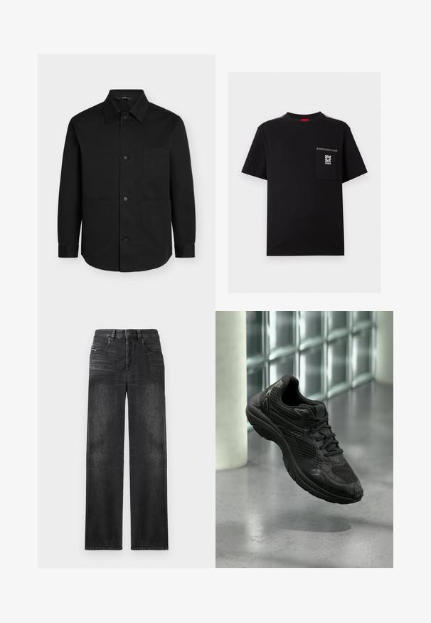 Zwart overhemd met lange mouwen, knopen, puntige kraag en drie voorzakken op een effen achtergrond.; Zwart T-shirt met korte mouwen met witte stikseldetails op schouders en zak, met een wit bloemenlogo en de tekst "HUGO" op de borstzak.; Zwarte rechte jeans van denim, met vijf zakken, riemlussen en subtiele vervaging op de stof voor textuur.; Zwarte sportieve sneaker met mesh- en lederen details, zwevend boven een gepolijste betonnen vloer naast een glazen blokmuur in een minimalistische binnenruimte.