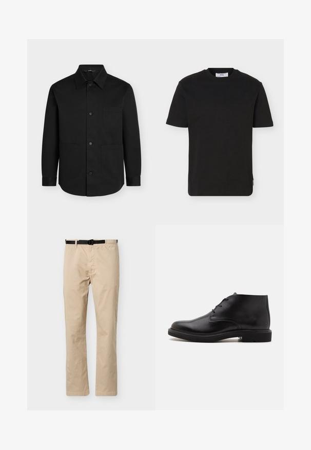 Schwarzes langärmeliges Hemd mit Knopfleiste, spitzem Kragen und drei aufgesetzten Taschen vorne auf schlichtem Hintergrund.; Einfaches schwarzes T-Shirt mit kurzen Ärmeln und Rundhalsausschnitt, mit einem kleinen Markenlabel am unteren Seiten Saum.; Beige Hose mit geradem Bein, schwarzem verstellbarem Gürtel, elastischem Bund auf einer Seite und vorderen Nahtdetails.; Schwarzer Lederknöchelstiefel mit drei Ösen, abgerundeter Spitze und flacher Sohle auf einfachem hellem Hintergrund.