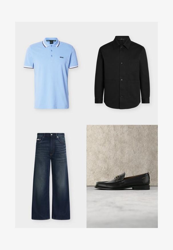 Chemise noire à manches longues boutonnée avec un col pointu et trois poches plaquées à l'avant sur un fond uni.; Polo bleu clair à manches courtes avec col et bords de manches rayés blancs et noirs, patte de boutonnage, et logo "BOSS" sur la poitrine.; Jean en denim bleu foncé à jambes larges avec poches avant, passants de ceinture, fermeture par boutons et légère décoloration sur les cuisses et les genoux.; Mocassin en cuir noir avec mors en métal doré et logo "HUGO", présenté sur un tapis beige et un meuble translucide marron.