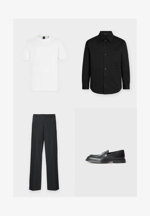 Chemise noire à manches longues boutonnée avec un col pointu et trois poches plaquées à l'avant sur un fond uni.; T-shirt blanc à manches courtes avec col rond, logo "BOSS" discrètement embossé sur le devant et étiquette noire à l’intérieur du col.; Pantalon gris foncé à coupe droite, fabriqué en tissu texturé, avec une fermeture à bouton unique et des poches latérales.; Mocassins en cuir noir avec une finition texturée, dotés d'une bride décorative à l'avant et d'un bout arrondi. Semelle en caoutchouc pour plus de durabilité.