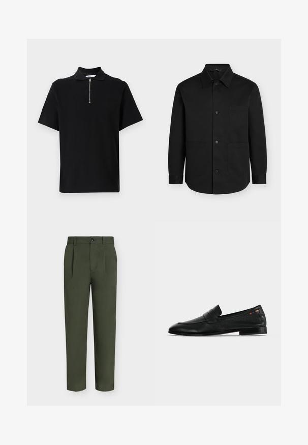 Chemise noire à manches longues boutonnée avec un col pointu et trois poches plaquées à l'avant sur un fond uni.; Polo noir à manches courtes en tissu doux, avec un col zippé et un design épuré et minimaliste sans motifs supplémentaires.; Pantalon droit vert foncé avec plis, passants de ceinture, poches latérales et fermeture devant zippée et boutonnée, présenté sur fond uni.; Mocassin penny en cuir noir avec petit talon, surface texturée et petite couture carrée multicolore près du talon sur fond blanc.