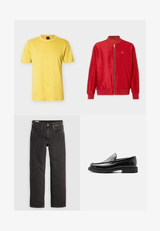 Veste bomber rouge en tissu lisse, avec fermeture éclair avant, col et poignets côtelés, et poches latérales. Petit logo sur la poitrine.; T-shirt jaune à manches courtes et col rond avec un logo BOSS discret sur la poitrine gauche et une étiquette de col noire.; Jeans en denim noir avec une coupe droite, cinq poches et des tringles métalliques. Le tissu présente une légère texture et une finition unie.; Mocassin en cuir noir avec semelle en caoutchouc épaisse, dessus cousu et nom de marque embossé sur le talon, présenté de profil sur fond blanc.