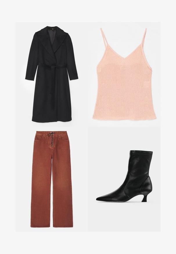 Zwarte wollen jas met een dubbelbreasted ontwerp, brede revers, lange mouwen en een bijpassende riem in de taille. Soepele textuur, minimale details.; Perzikkleurige gebreide camisole, met dunne verstelbare bandjes, een V-hals ontwerp, geribbelde textuur en een rechte zoom.; Roodbruine wijde broek met vetersluiting aan de voorkant, gemaakt van denim. Kenmerkt zich door twee voorzakken en een gladde textuur.; Zwarte leren midkuitlaars met spitse neus en lage kittenhak, zijaanzicht op een effen lichte achtergrond.