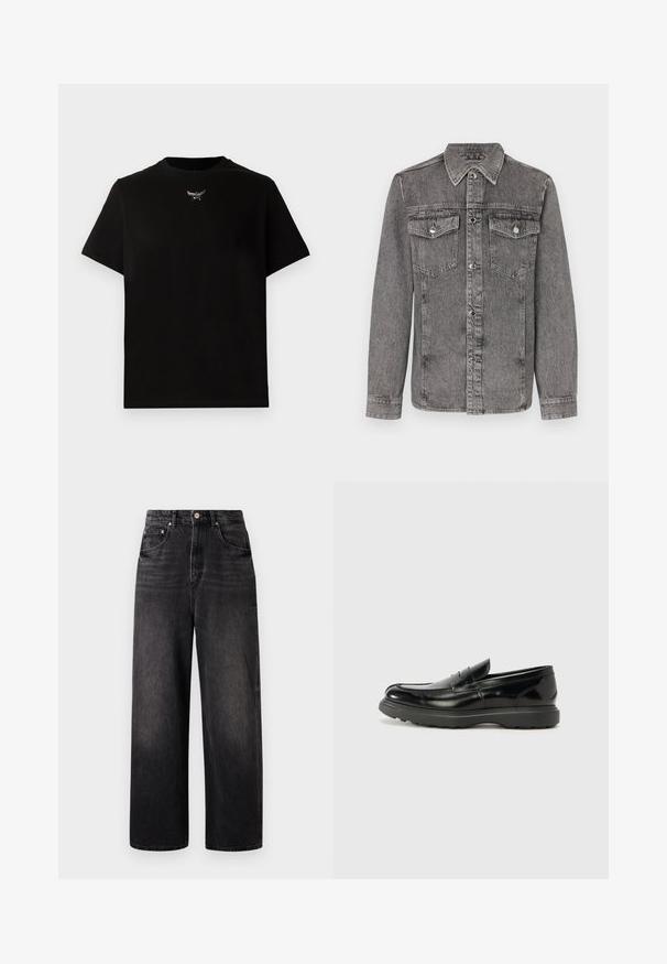 Grå denimjakke med krave, knaplukning foran, to brystlommer og lange ærmer. Har sølvdetaljer og en struktureret finish.; Sort bomulds T-shirt med korte ærmer, rund halsudskæring og en sølvlogo detalje på brystet. Glat tekstur og afslappet pasform.; Sorte denim jeans med løstsiddende pasform, høj talje, fem lommer og synlig knaplukning. Har diskret falmning og lige ben design.; Sort læderloafer med en blank finish, rund tå, subtile syninger og en tyk gummisål for holdbarhed.