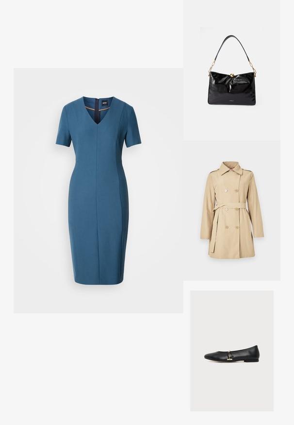 Beige dobbeltradet trenchcoat med bælte, lange ærmer, skulderklapper og en klassisk krave på en neutral baggrund.; Blå tætsiddende kjole med korte ærmer, V-hals og lynlås bagpå. Glat tekstur, knælængde med skræddersyet silhuet og sømdetaljer.; Sort læderballerina med en lille guldbeslået detalje på siden, lav hæl og afrundet tå, vist i profil på hvid baggrund.; Sorte læderhåndtaske med en glat tekstur, guldfarvet metaldele, tvist-knude detalje og en skulderrem med kædeaccent. "Furla" logoet er vist på forsiden.