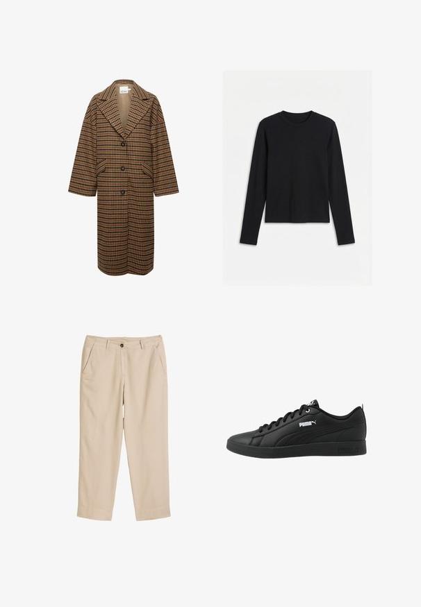 Hnedý kabát s houndstooth vzorom, s dvojradovým zapínaním, veľkými zárezovými klopami, bočnými vreckami a voľným strihom.; Čierne tričko s dlhým rukávom a okrúhlym výstrihom, priliehavého strihu a jednoduchého dizajnu, zobrazené na bielom pozadí.; Béžové nohavice rovného strihu s bočnými vreckami, pútkami na opasok, predným gombíkom a zapínaním na zips, zobrazené na bielom pozadí.; Čierne športové tenisky vyrobené z hladkej syntetickej kože, s okrúhlou špičkou, viazaním na šnúrky a bielymi logovými akcentmi na boku a na jazyku.