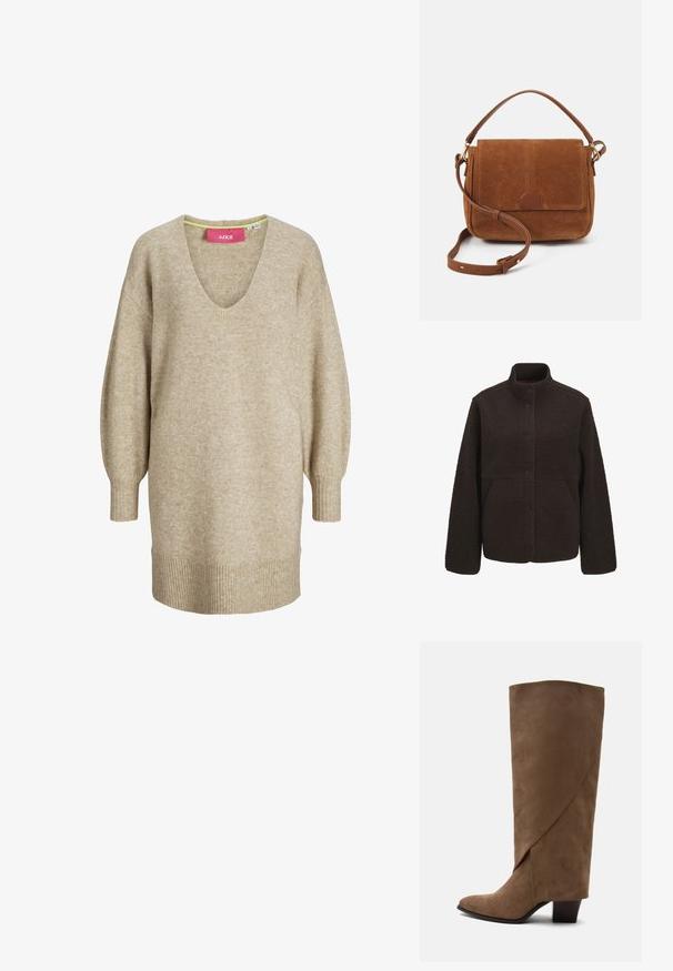 Donkerbruine fleecejas met opstaande kraag, drukknopen aan de voorkant en twee zijzakken, getoond tegen een effen witte achtergrond.; Beige gebreide jurk met lange mouwen, V-hals en geribbelde manchetten en zoom, met een losse, comfortabele pasvorm.; Bruine suède kniehoge laars met een gevouwen detail en een blokhak van gemiddelde hoogte, zijaanzicht op een witte achtergrond.; Bruine suède crossbody tas met een handvat aan de bovenkant, een klep aan de voorkant en goudkleurige hardware. Bevat een leren accent aan de basis van de klep.