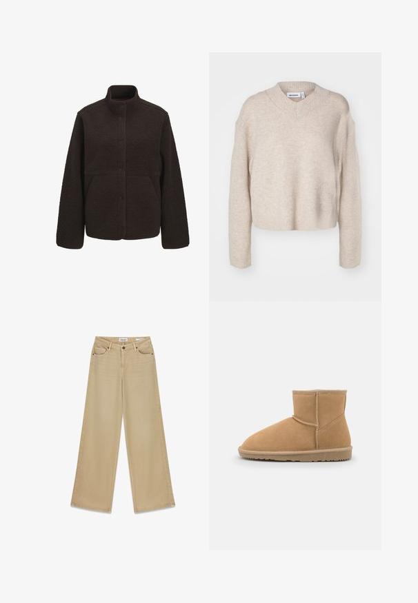 Mørkebrun fleecejakke med stående krave, front med trykknapper og to sidelommer, vist på en ensfarvet hvid baggrund.; Weekday REESE V NECK - Striktrøje - light mole; Lyse beige jeans med vide ben lavet af denim med to forlommer og lukning med knap. Har enkle linjer og minimal syning.; Brun ruskinds ankelstøvle med rund tå og polstret krave, der har kontrastsyninger og en tekstureret gummisål.