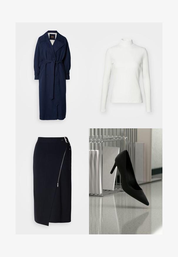 Trench-coat bleu marine avec une taille ceinturée, un grand col et des poignets boutonnés. Fabriqué à partir d'un tissu lisse, il possède une doublure matelassée.; Haut col roulé blanc à côtes avec des manches longues, fabriqué en tissu extensible. Présente un design ajusté et un encolure haute pour plus de couverture.; Jupe crayon marine en tissu extensible, dotée d'une fermeture éclair sur le côté, d'un ourlet asymétrique et d'une silhouette élégante.; Chaussure noire à talons hauts équilibrée sur son talon sur un comptoir réfléchissant près de porte-dossiers métalliques avec des dossiers blancs.