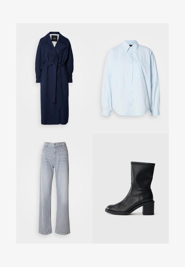 Navy blauer Trenchcoat mit einem taillierten Gürtel, großem Kragen und geknöpften Manschetten. Hergestellt aus einem glatten Stoff, verfügt über ein gestepptes Innenfutter.; Hellblaues, langärmliges Hemd aus Baumwolle mit Knopfleiste. Es hat einen Kragen, einen abgerundeten Saum und eine kleine Brusttasche mit gesticktem Logo.; Helle graue High-Waist-Jeans mit weit geschnittenem Bein, aus Denim. Verfügt über Fronttaschen, einen Reißverschluss und dezente Ausbleichungen an verschiedenen Stellen.; Schwarze Leder-Ankle Boots mit runder Zehenform, glatter Oberfläche und dicker Absatz, ausgestattet mit einem eng anliegenden Schaft und subtilen Nähten.