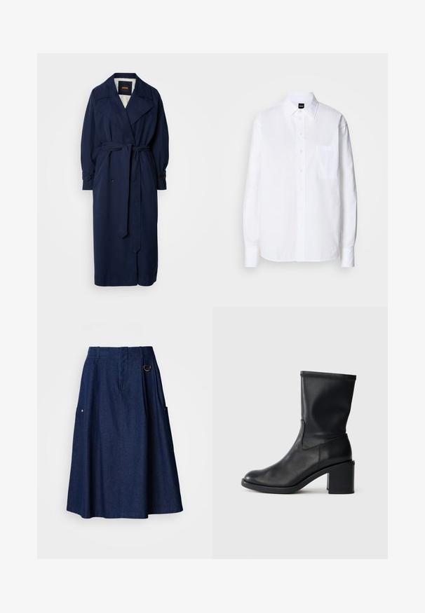 Ναυτικό μπλε πα trench coat με ζώνη στη μέση, μεγάλο γιακά και κουμπωτές μανσέτες. Φτιαγμένο από ομαλή ύλη, διαθέτει επένδυση με καινά.; Λευκό πουκάμισο με κουμπιά από βαμβάκι, κλασικό γιακά, μακριά μανίκια, τσέπη στήθους, και λεία, καθαρή υφή.; Σκούρα φούστα από τζιν με φαρδιά σχεδίαση, που διαθέτει μέση με θηλιά για ζώνη, δύο πλαϊνές τσέπες και χρυσούς μεταλλικούς διακοσμητικούς λεπτομέρειες.; Μαύρη δερμάτινη μπότα μέχρι τον αστράγαλο με στρογγυλή μύτη, λεία υφή και χοντρό τακούνι, με εφαρμοστή μπότα και διακριτική ραφή.