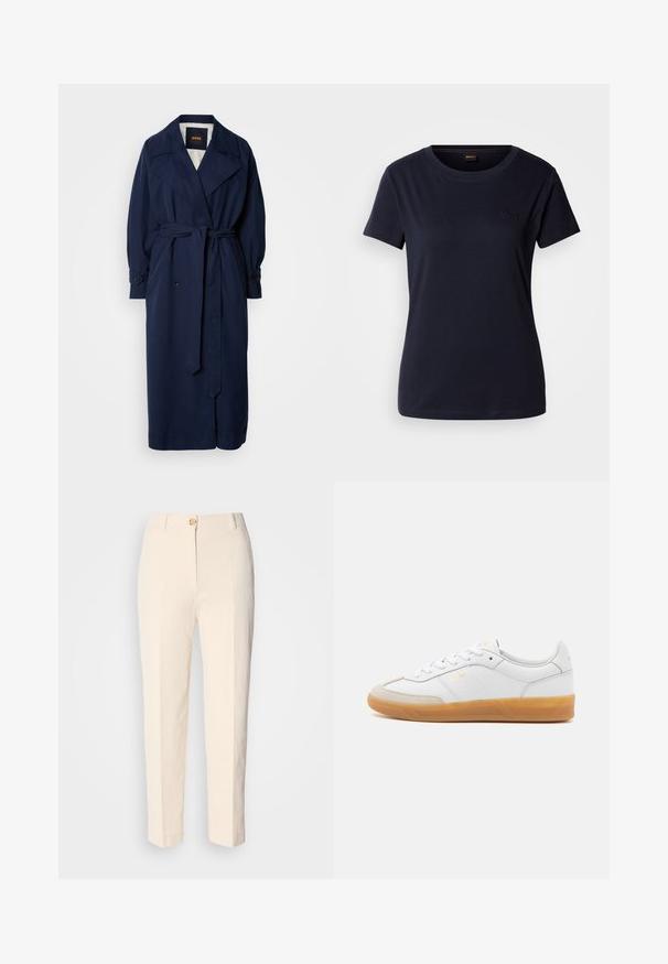 Abrigo trench de color azul marino con cintura ceñida por un cinturón, gran cuello y puños abotonados. Hecho de una tela suave, cuenta con un forro acolchado.; Camiseta de manga corta de color azul marino, hecha de algodón, con cuello redondo y un pequeño logo bordado en el pecho. Textura suave.; Pantalones de color crema, de cintura alta, hechos de tela texturizada. Cuentan con un cierre de botón en la parte frontal y piernas ajustadas.; Zapatilla de cuero blanca con acentos de ante beige, suela de goma y diseño de cordones. Presenta un sutil logo en dorado.