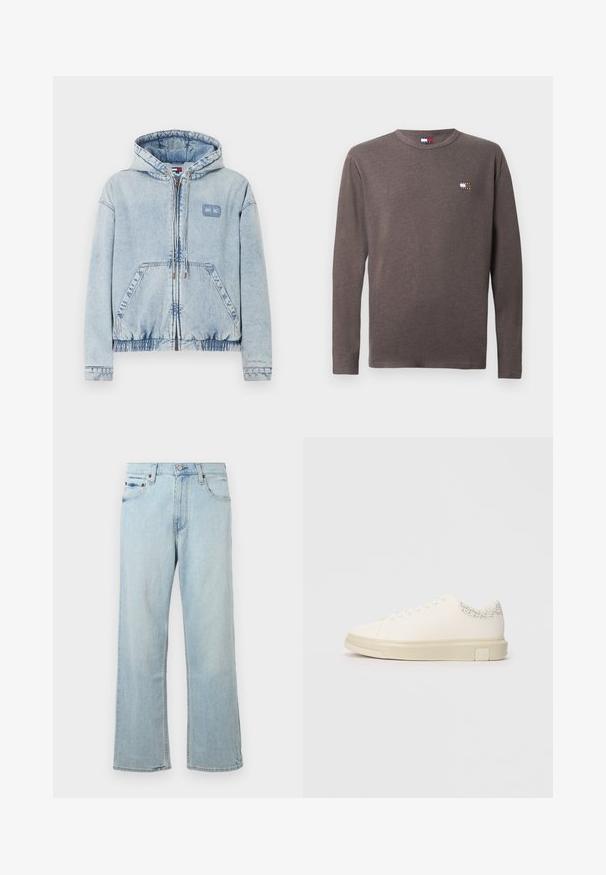 Hellblaues Acid-Wash-Denim-Zip-Hoodie mit Kordelzügen, Fronttaschen und einem kleinen rechteckigen Logo-Patch auf der linken Brust.; Langärmliges graues T-Shirt aus Baumwolle mit einem kleinen Logo auf der linken Brust. Rundhalsausschnitt und normale Passform mit glatter Textur.; Hellblaue Denim-Jeans mit einem lockeren, weit geschnittenen Design. Verfügt über fünf Taschen, Gürtelschlaufen und einen Reißverschluss mit Knopfverschluss.; Weißer Sneaker mit einem glatten Obermaterial aus Canvas, flachen Schnürsenkeln, gepolstertem Kragen und einem strukturierten grauen Akzent an der Rückseite. Chunkige Gummisohle.