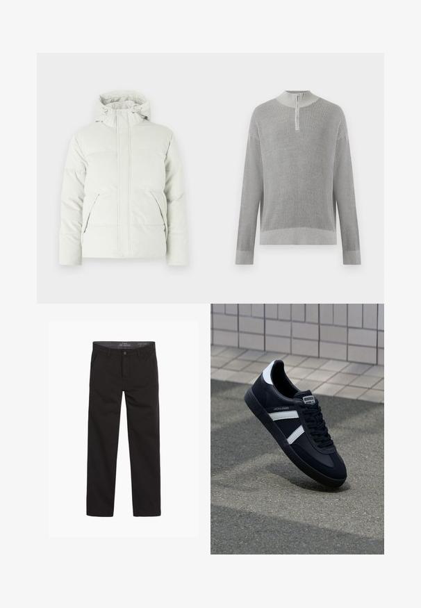 Chaquetón acolchado en gris claro, con cuello alto, capucha ajustable, dos bolsillos frontales y una tela lisa y texturizada.; Suéter de punto gris claro con costillas, mangas largas y un corto cierre de cremallera en el cuello alto, exhibido sobre un fondo liso.; Pantalones de algodón negros con una textura suave, diseño de pierna recta, cremallera en la bragueta y dos bolsillos frontales; estilo minimalista y versátil.; Zapatilla de cuero negra con rayas blancas, suela de goma texturizada y parte frontal con cordones. Cuenta con una etiqueta de marca en la lengüeta.