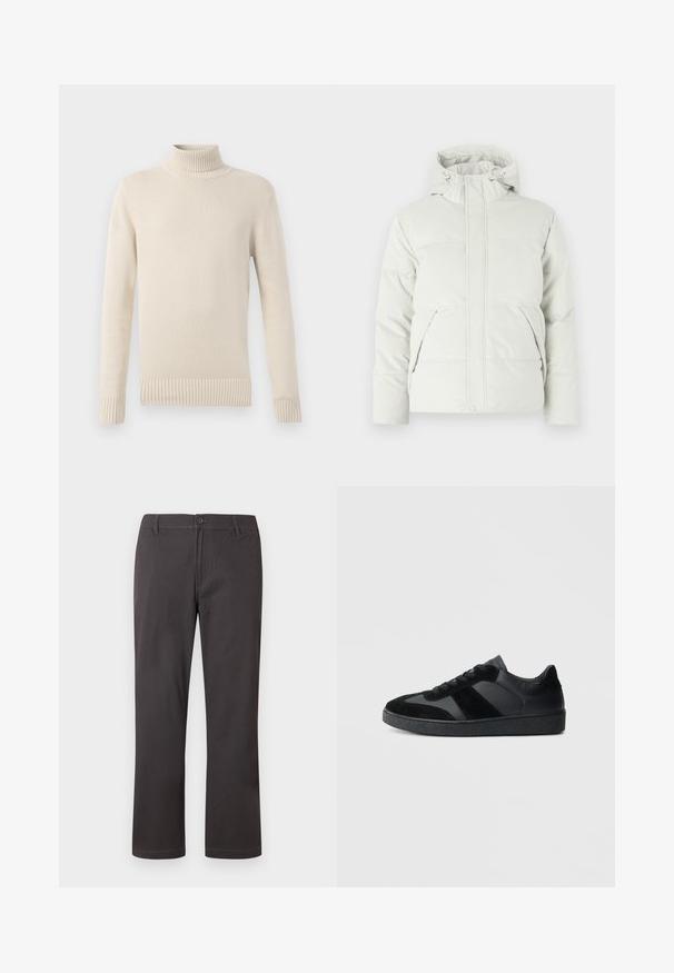 Veste matelassée en gris clair, avec un col montant, une capuche ajustable, deux poches avant et un tissu lisse et texturé.; Pull col roulé tricoté couleur crème avec manches longues et poignets et bas côtelés.; Pantalon gris foncé à jambes droites avec fermeture à boutons, passants pour ceinture et coutures frontales discrètes sur fond blanc.; Baskets noires combinant cuir lisse et daim, avec une semelle en caoutchouc noire texturée et un détail de rayures discrètes.