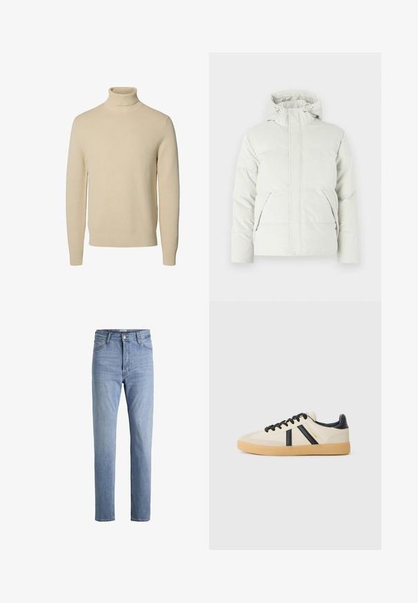 Chaquetón acolchado en gris claro, con cuello alto, capucha ajustable, dos bolsillos frontales y una tela lisa y texturizada.; Jersey de punto beige con cuello vuelto, mangas largas y puños y bajo acanalados, mostrado sobre un fondo blanco liso.; Vaqueros azules claros de talle alto y pierna recta con cierre de botón y cremallera en el frente, trabillas para cinturón y bolsillos delanteros y traseros.; Zapatillas casuales en crema con rayas negras, con parte superior texturizada y suela de goma. Los cordones son negros. Logo sutil en el costado.