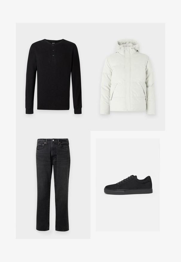 Pudret jakke i lys grå, med høj krave, justerbar hætte, to frontlommer og et glat, struktureret stof.; Sort langærmet henley skjorte med tre-knaps placket ved halsen, blød tekstur og ribbede manchetter, der har en klassisk pasform og minimalistisk design.; Sorte denim jeans med lige ben, featuring knap- og lynlåslukning, fem lommer og kobberhardware-detaljer.; Sort lavtop sneaker med snørelukning foran og flad gummisål, vist fra siden på en hvid baggrund.