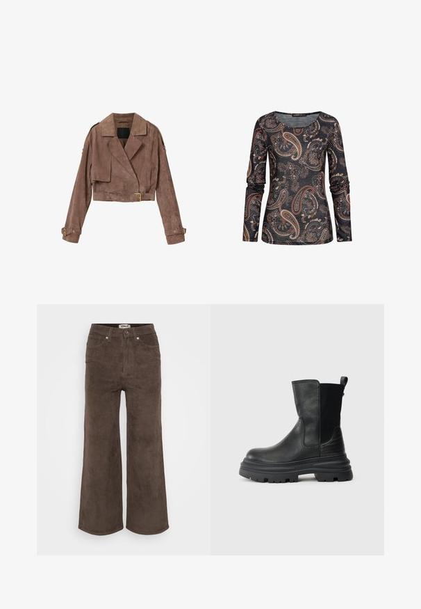 Braune, kurz geschnittene Wildlederjacke mit weitem Revers, Taillengürtel und Manschetten sowie einem Klappdetail auf der rechten Brust vor weißem Hintergrund.; Langärmliges Shirt aus einem weichen Stoff mit einem dunklen Hintergrund und komplexen Paisleymustern in erdigen Tönen von Braun, Türkis und Creme.; Braune Corduroy-Hosen mit weitem Bein und gerippter Textur, fünf Taschen und vorderem Knopfverschluss. Mit einem Etikett am Bund.; Schwarze Leder-Ankle-Boots mit leicht abgerundetem Zeh, elastischen seitlichen Einsätzen und einer stabilen Gummisohle mit strukturiertem Muster.
