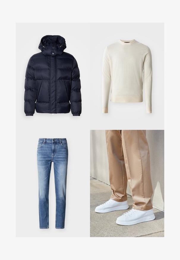 Doudoune marine avec une finition texturée, un col montant, une capuche amovible et deux poches avant. Dotée d'une fermeture éclair à l'avant et de boutons-pression.; Pull en tricot beige clair avec des manches longues et un col rond. Tissu texturé avec une finition lisse, présentant un ourlet et des poignets côtelés.; Jean en denim bleu clair avec une coupe droite, des détails délavés, cinq poches, une fermeture à bouton en métal et des passants pour ceinture.; Baskets en cuir blanc avec une finition lisse, embouts ronds, lacets blancs et un design minimaliste. Portées avec un pantalon tapered marron clair.
