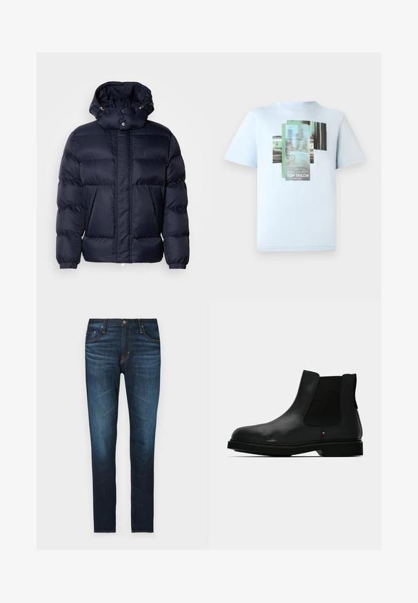 Marineblå puffjakke med tekstureret overflade, høj krave, aftagelig hætte og to frontlommer. Har en frontlynlås og trykknapper.; TOM TAILOR T-shirts print - light metal blue; Mørkeblå denim jeans med lige pasform, der har fem lommer, orange syninger og en glat overflade.; Sort læder Chelsea-støvle med elastiske sidepaneler, rund tå og tekstureret overdel. Har en flad gummisål og diskret mærkedetalje.