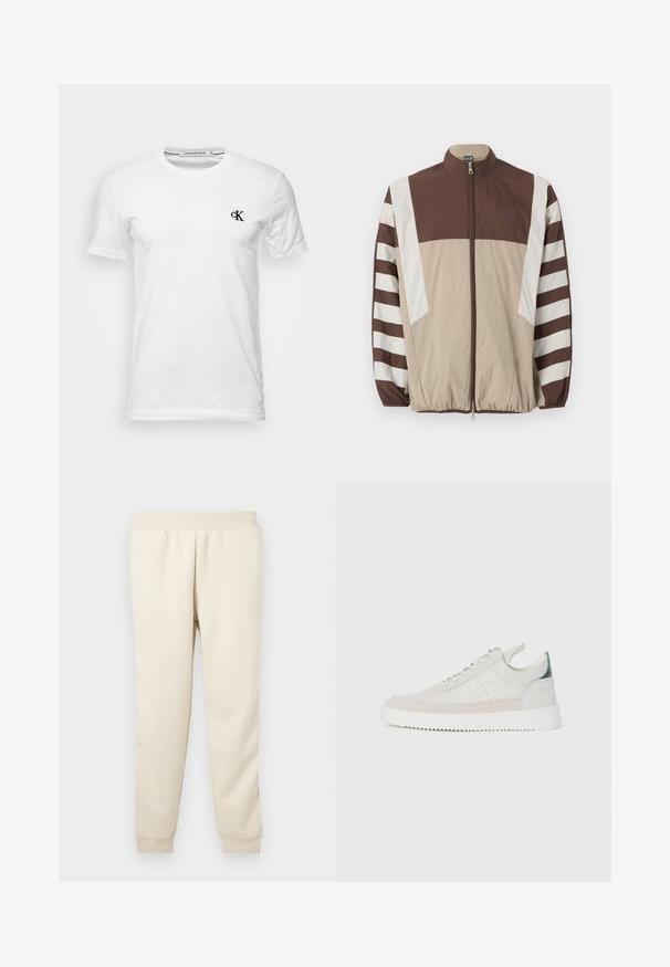 Brun og beige vindjakke med hvide striber, høj krave, lynlås lukning, elastiske manchetter og et logo på venstre bryst.; Hvid T-shirt med korte ærmer og rund hals med lille sort "CK"-logo på venstre bryst, mærke Calvin Klein Jeans, størrelse medium.; Lys beige sweatpants lavet af blødt materiale med en tætsiddende design, elastisk talje og manchetter ved anklerne. Ingen synlige mønstre eller accenter.; Hvide lædersneakers med grå ruskindsdetaljer, snørebåndsdesign, hævet tab og tekstureret gummisål med zigzag-mønster.